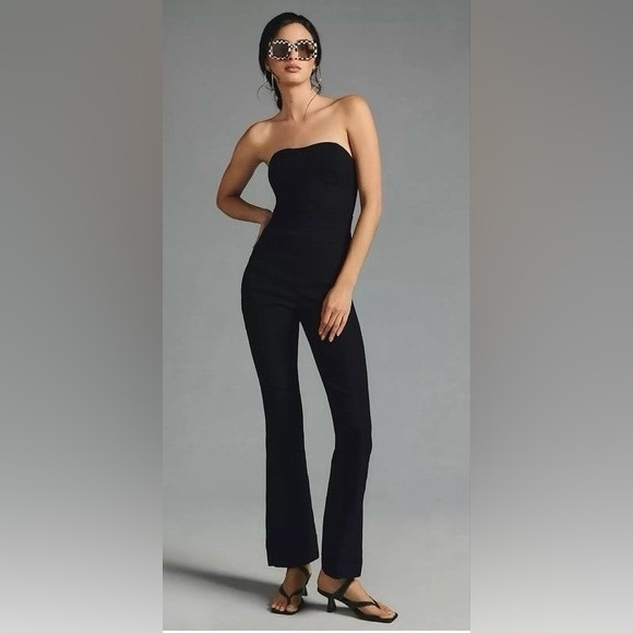 Strapless Elegant Black Satin Structured Jumpsuit Classy Dressy Chic - Picture 1 of 9